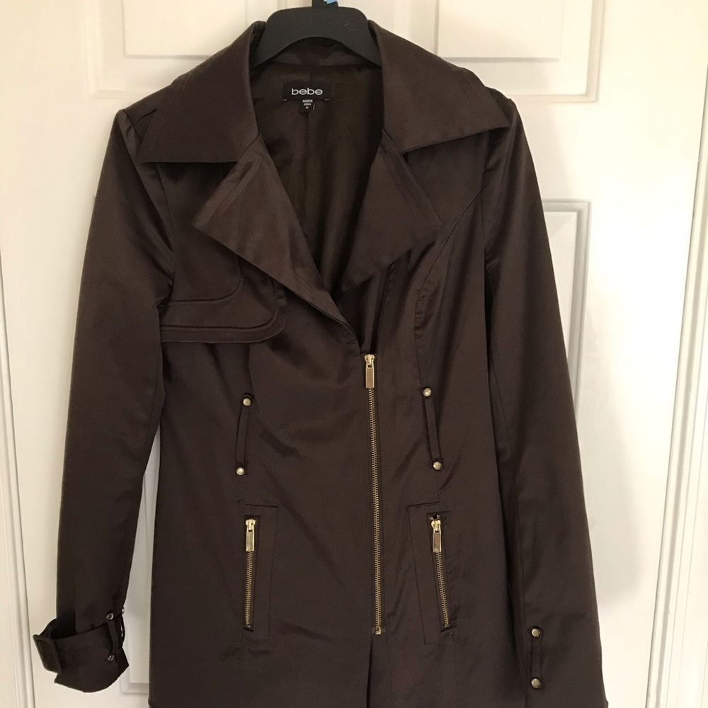 Bebe Chocolate Satin Dress Trench Coat Jacket
